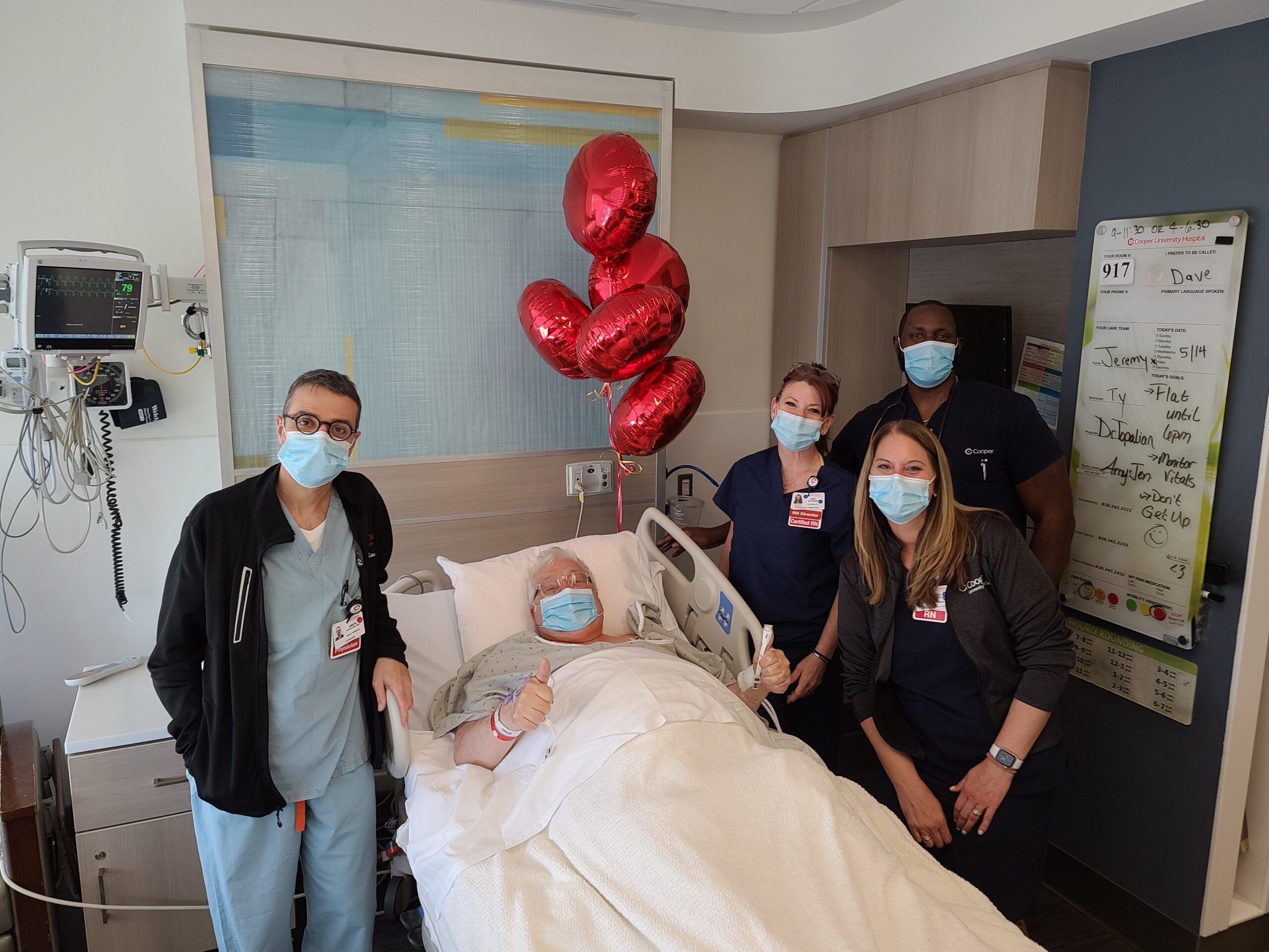 Joseph Borgese, the 1,000th TAVR patient at Cooper, with his Cardiac Partners at Cooper and Inspira heart team, from left to right, Simon K. Topalian, MD, FACC, Interventional Cardiologist; Amy Petrini, BSN, RN, PCCN, Cardiology Clinical Director; Jeremy Witcher, RN; and Tara Jones, RN, BSN, Structural Heart Nurse Navigator.