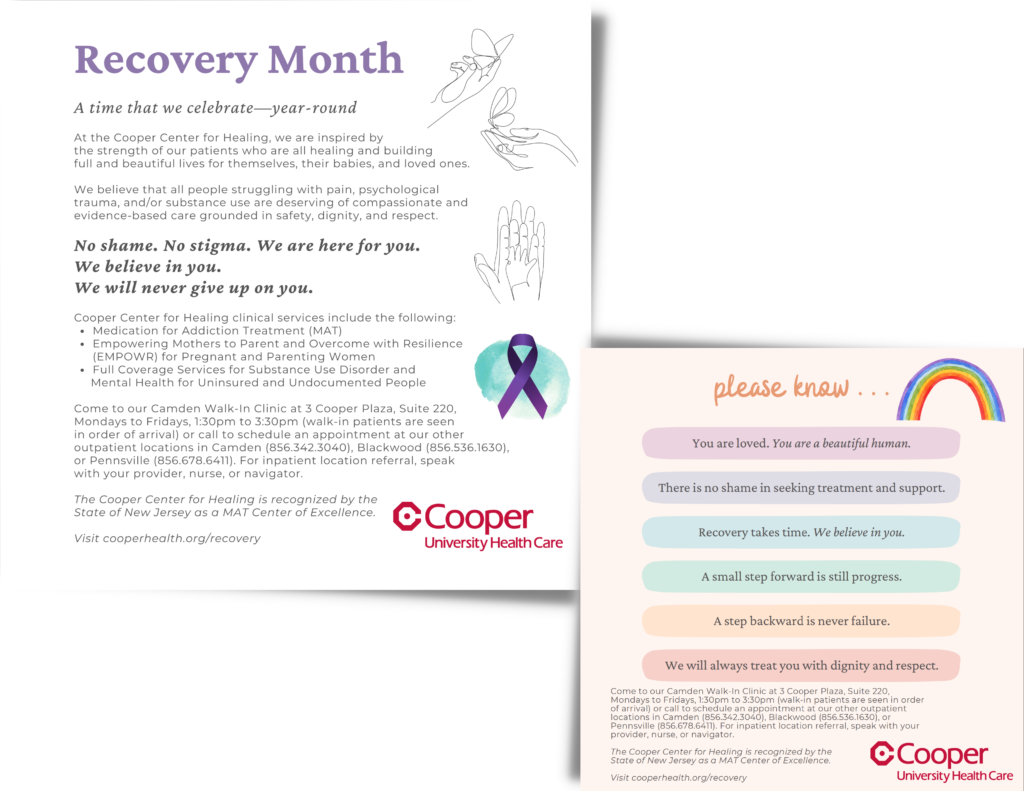 Two images representing available patient resources through the Cooper Center for Healing.