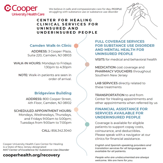 Cooper Center for Healing informational graphic about services for insured and underinsured people.